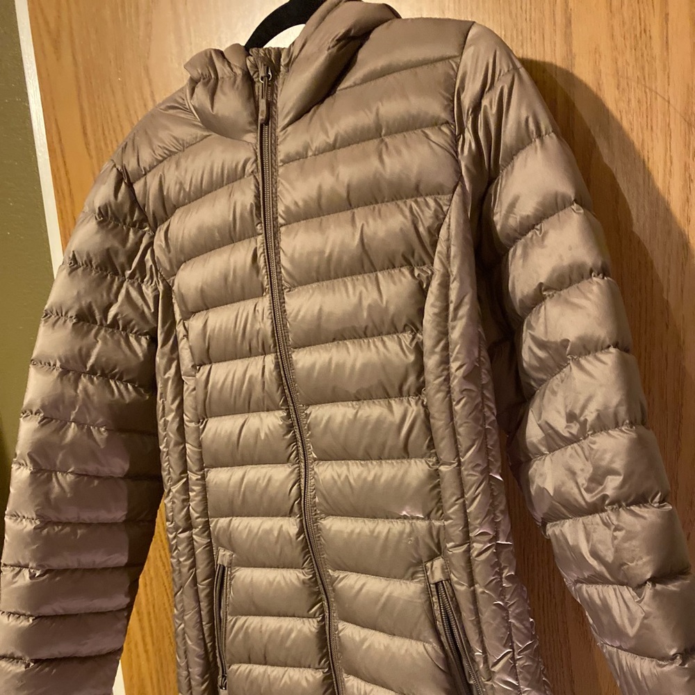 Taupe/light gold longer winter jacket.
